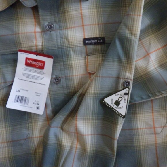 NWT Wrangler Mens Long Sleeve Dress Shirt Sz Lg Plaid Western Green Beige Pocket - Picture 4 of 9